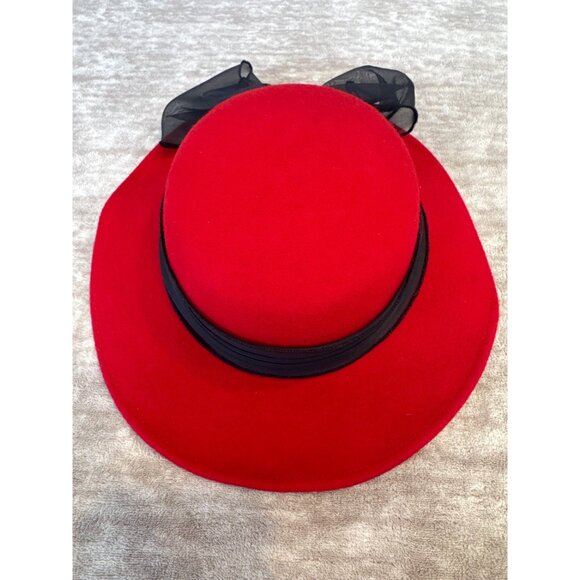 Vintage Red Wool Felt Hat Black Sheer Ribbon Bow XS Made in USA - Picture 3 of 8